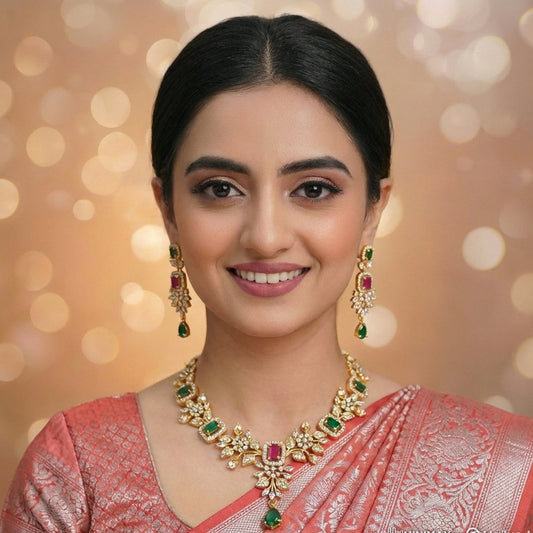 PRINCESS IN VIBES RUBY AND GREEN STONE BEADED AD NECKLACE SET