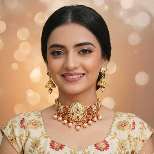 MEENAKARI MAROON BEADS WHITE PEARL NECKLACE SET