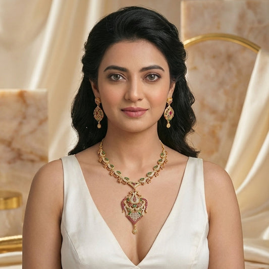 REGAL PEACOCK MOTIF AD NECKLACE AND EARRINGS SET