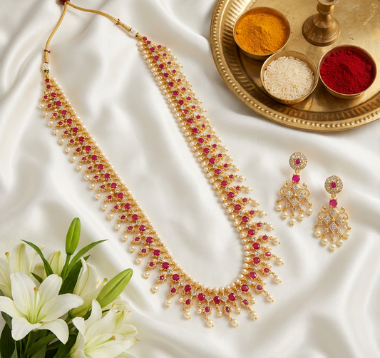 VAIDEHI REGAL KUNDAN RUBY & PEARL BEADED NECKLACE SET