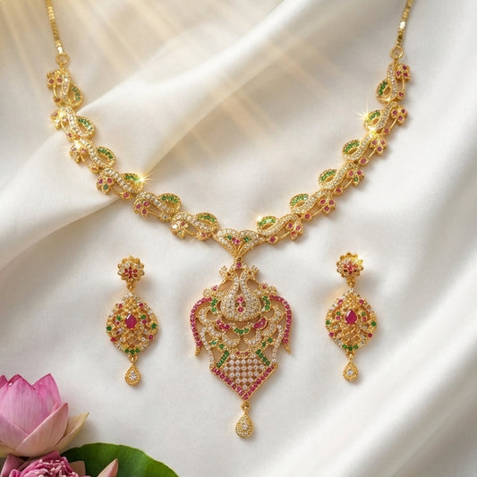 REGAL PEACOCK MOTIF AD NECKLACE AND EARRINGS SET