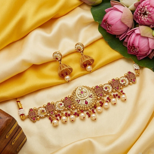 MEENAKARI MAROON BEADS WHITE PEARL NECKLACE SET