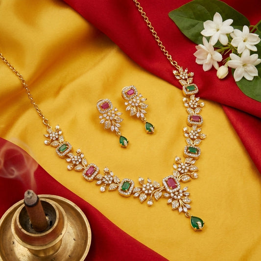 PRINCESS IN VIBES RUBY AND GREEN STONE BEADED AD NECKLACE SET