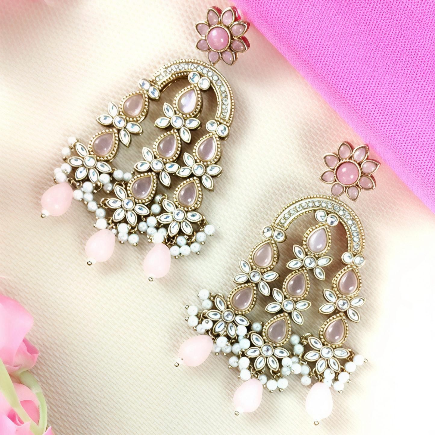 OCEAN BLOOM IVORY FLORAL KUNDAN DANGLER