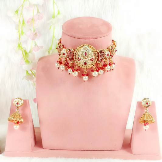 MEENAKARI MAROON BEADS WHITE PEARL NECKLACE SET