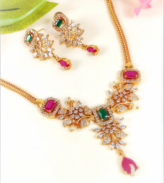 PRINCESS IN VIBES GREEN AND RUBY STONE BEADED AD NECKLACE SET